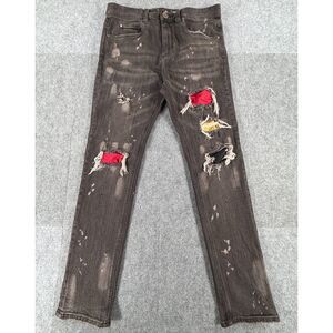 LURE Tapered Skinny Jeans 32 Black Distressed Red Yellow Plaid Patch